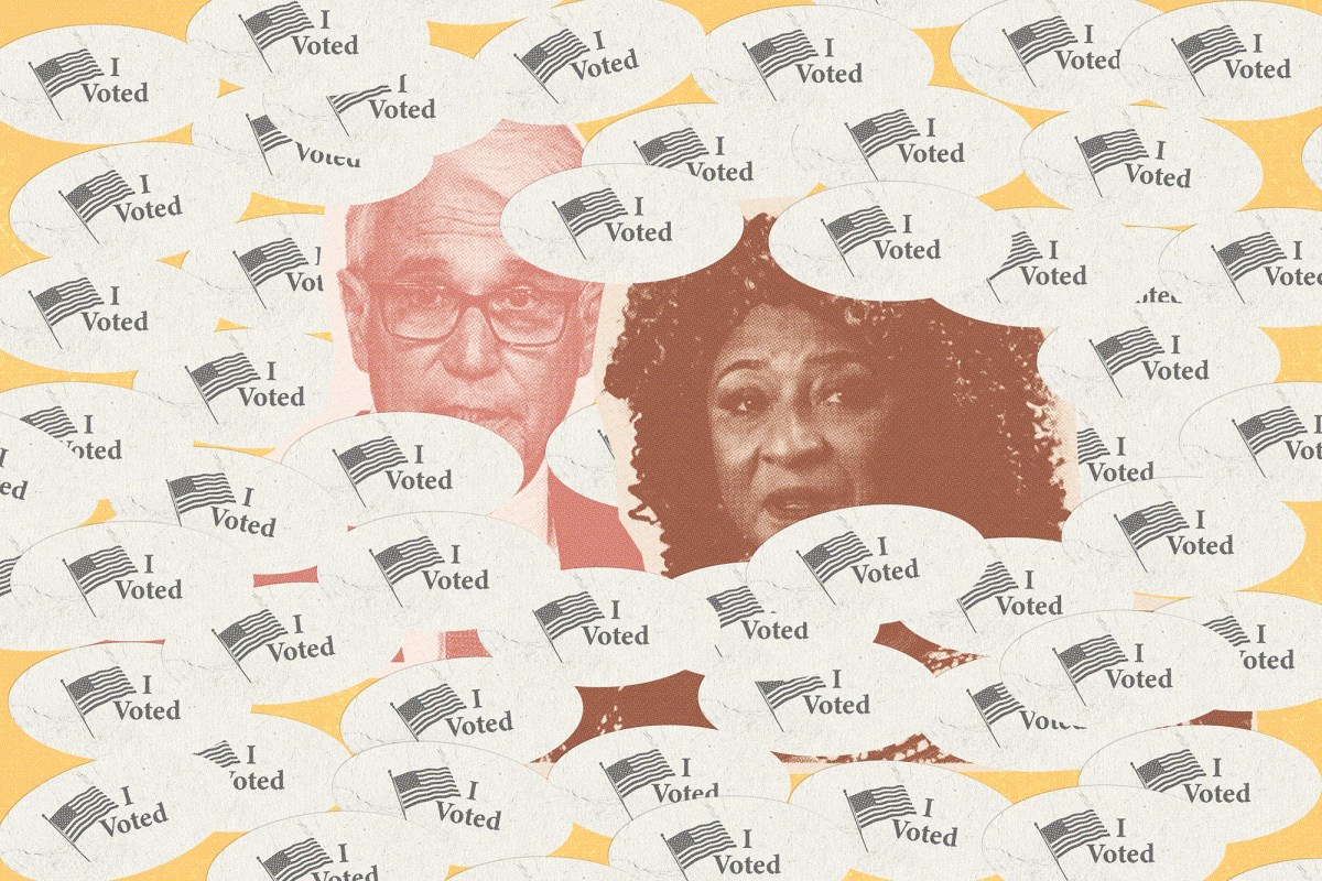 A collage style illustration in yellow, red and brown tones with cut-out images of two people being covered by "I Voted" stickers