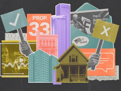 A collage style illustration in orange, light blue, yellow, purple and black tones with various cut out images including: screenshots of advertisement against and in support of Proposition 33, hands holding signs with a check and x marks, different housing buildings, an envelope and an "I Voted" sticker.