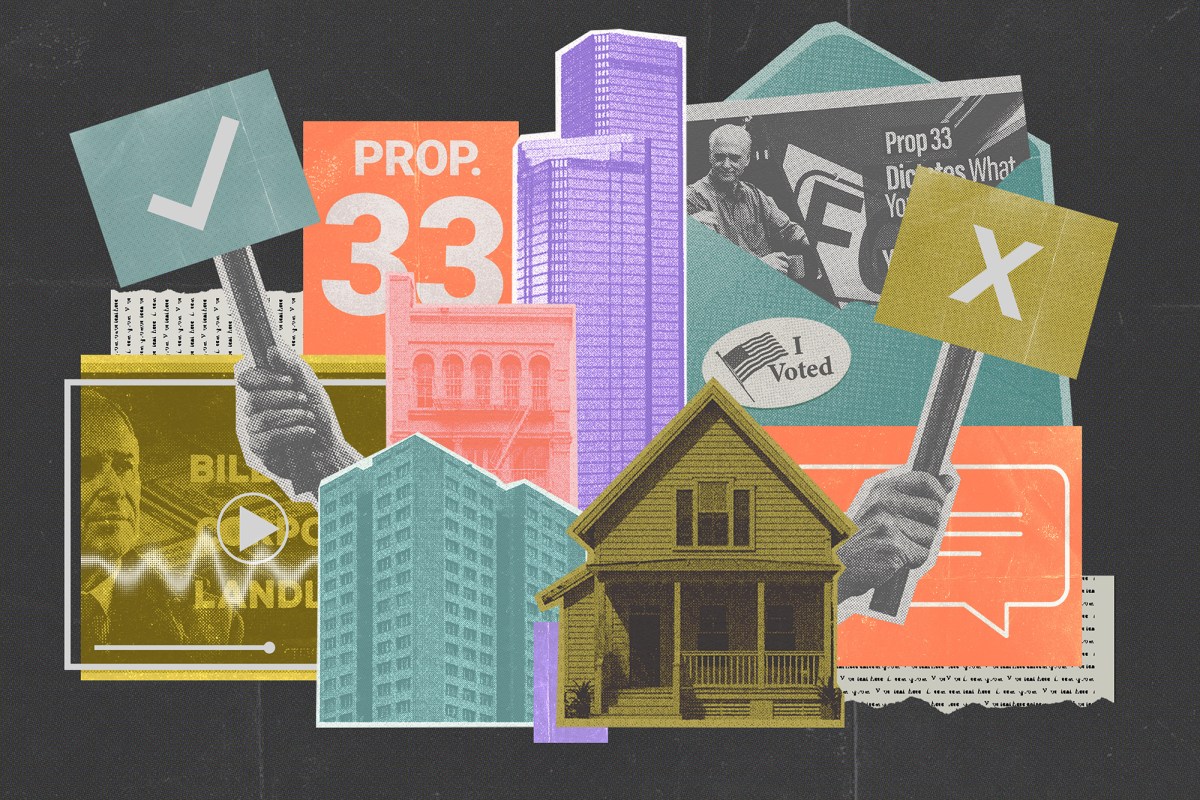 A collage style illustration in orange, light blue, yellow, purple and black tones with various cut out images including: screenshots of advertisement against and in support of Proposition 33, hands holding signs with a check and x marks, different housing buildings, an envelope and an "I Voted" sticker.