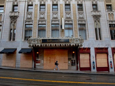 The Sir Francis Drake Hotel in San Francisco's Union Square boarded up on Tuesday, March 24, 2020.