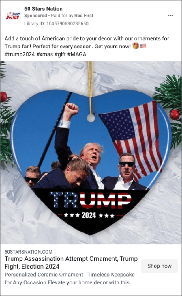 Facebook ad for a heart-shaped Christmas ornament showing an image of Trump after the assassination attempt